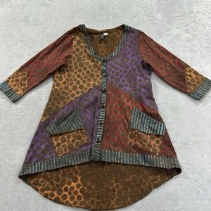 Winter Sun Button Maxi Dress Blouse Women M Brown Multicolor Long Sleeve Y2K Art